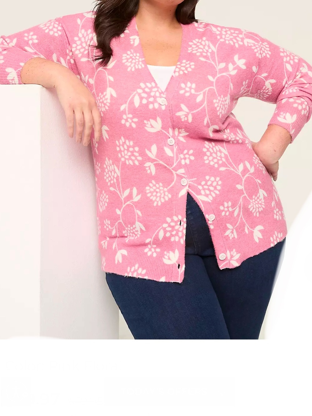 LANE BRYANT Pink and White Floral Button-Up Cardigan